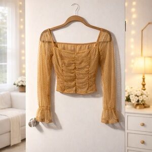 ✨ Golden Yellow Romantic Blouse with Sheer Ruffle Sleeves Size XS